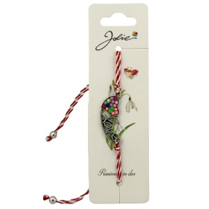 Martisor Bratara Snur Alb-Rosu, Jolie, Pandantiv Metalic, Model Inima Love
