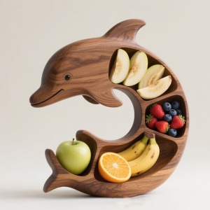 Platou pentru Servire, Flippy, in Forma de Delfin, 4 Compartimente pentru Mezeluri, Branzeturi, Snacksuri, Fructe, Design Artistic, din Lemn Masiv, 26 x 25 x 4 cm, Maro Natur - Img 2