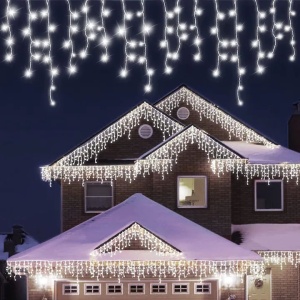 Sectiune Instalatie de Craciun, Flippy®, Tip Franjuri, 5 m, 143 LED-uri, cu 8 Jocuri de Lumini, Fir de Cupru, Lumina Alb Rece, IP44, Interconectabila