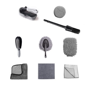Set 9 Piese pentru Spalat Auto, Flippy, din Plastic si Microfibra, Perii si Lavete, Model B, Gri