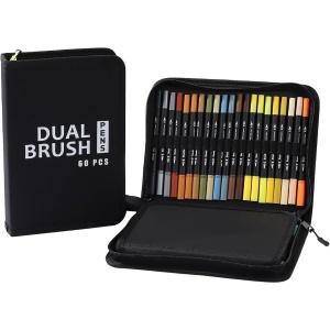 Set Carioci pe Baza de Apa, Flippy, 2 in 1, pentru Pictura, Caligrafie, 60 Culori, Penar Negru, Corp Carioca Negru, 26.5 x 17.5 x 4.5 cm, Multicolor