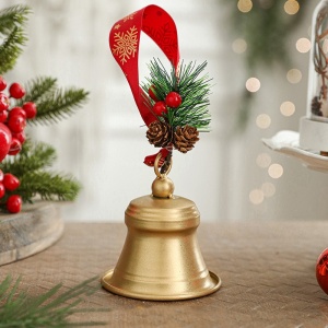 Clopot decorativ pentru Brad Craciun, Flippy, Clopot din Metal cu Funda si Crenguta de Brad pentru Decoratiune de Craciun, 10 x 8 x 8 cm, Auriu
