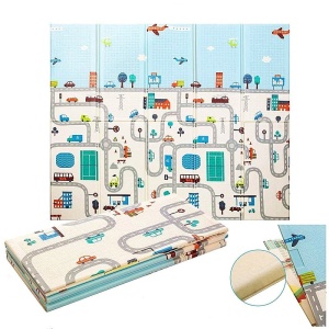 Covoras pentru Copii, Flippy, cu 2 Fete, Model Trafic/Girafe, din XPE+PE, Impermeabil, Antiderapant, Protectie Termica, +3 Luni, Pliabil, 180 x 200 x 1 cm, Multicolor
