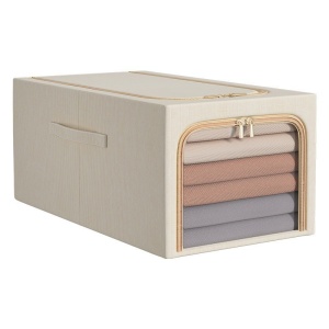 Cutie de Depozitare, Flippy, 49L, din In si Bumbac, Pliabila, Cadru din Otel, 47 x 35 x 30 cm, Kaki
