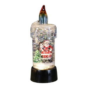 Decoratiune de Craciun tip Lumanare, Flippy, Lumanare de Cristal cu Fulgi de Zapada, Model Mos Craciun cu Sclipici, Iluminare LED, 13 x 5 x 5 cm, Baza Vintage Bronze, Transparent