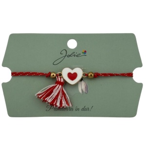 Martisor Bratara Ciucure, Jolie, Snur Rosu Reglabil, cu Pandantiv, Model Inima
