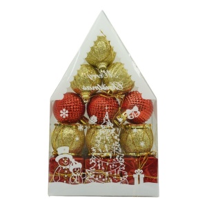 Set de 12 ornamente de brad, Flippy, de tip Glob, Rosu/ Auriu, din polistiren, cu finisaj sclipitor , cutie 4 cm adancime x 20 cm inaltime x 12 cm lungime)