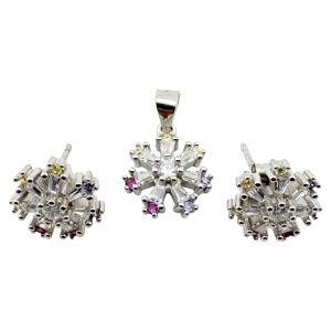 Set Pandativ cu Cercei pentru Dama, Jolie, Argint 925, Model Floare cu Margini Colorate, 4.48 g, 1.5 cm x 1.7 cm, Argintiu/Multicolor