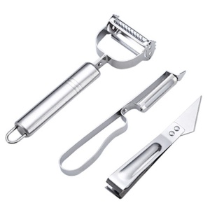 Accesorii de Curatat Decojit Fructe Legume, Flippy, Set 3 Piese, Feliator Cutit Decojitor, Legume si Fructe, din Otel Inoxidabil, cu Maner, Argintiu