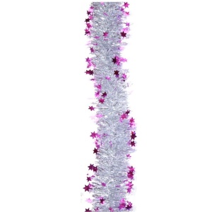 Beteala de Craciun cu LED, Flippy, 2 m, 5 cm Grosime, din PVC, Model cu Stelute, Artificiala, Mov/Argintiu