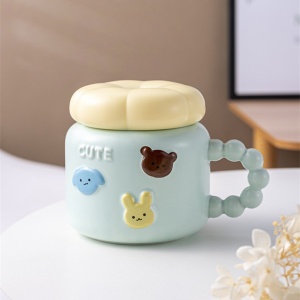 Cana pentru Copii, Flippy, din Portelan, print Figurine Animalute, Model CUTE, Cana cu Capac, Ceasca pentru Cafea, Ceai, 400ml Albastru deschis
