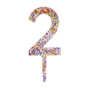 Decoratiune Topper pentru Tort, Flippy, din Acrilic cu Fulgi de Sclipici, Model Cifra 2, Inaltime 18.5 cm, Transparent Multicolor
