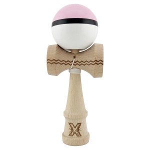 Kendama X Originala, Profesionala, Flippy, Gravata cu Cupe Mari V2, Super Sticky, Gaura in Baza, Rulment Metalic, din lemn 18 cm, Ata 55 cm, Roz/Negru/Alb