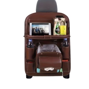 Organizator Spate Scaun Auto, Flippy, Masa Pliabila, Piele Ecologica, Impermeabil, Suport pentru Tableta, Sortare Lucruri si Protejare Tapiterie, 40 x 63cm, Maro