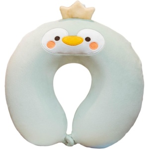 Perna de Calatorie in Forma de U, Flippy, Pentru Gat si Cap, Umplutura din Spuma cu Memorie, 30x30 cm, Model Pinguin, Accesoriu de Voiaj, Birou, Masina, Sistem Prindere Capse, Verde