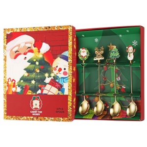 Set 4 Lingurite, Flippy, Tema Craciun, Model Carry The Merry, 4 Modele, din Otel Inoxidabil, 19.5 x 16 x 2 cm, Multicolor