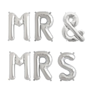 Set Baloane din Folie Metalizata, Flippy, Figurine Litere, Model MR&MRS, Tema Nunta, 40 cm, Baloane Party, Ambalaj Individual, Pai inclus, Umflare cu Aer sau Heliu, Argintiu