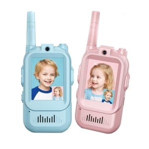 Set Walkie Talkie WiFi pentru Copii, Flippy, Set 2 Statii, Apeluri Video, cu Ecran de 2", Efecte Voce, Reincarcabile, Cabluri TYPE-C, Raza pana la 500 m, 12 x 5 x 2 cm, Roz/Albastru