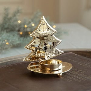 Suport Decorativ pentru Lumanare de Craciun, Flippy, Model Brad Auriu din Art Metal, pentru Masa fara Agatare, 10.5 x 9 x 7.5 cm, Auriu