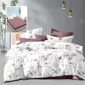 Lenjerie de Pat 6 Piese cu Husă – Floral Delicat pe Alb & Accente Mov Prună, Stil Premium