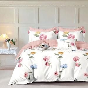 Lenjerie de pat Percale – Trandafiri Pastel pe Alb, bumbac 100%, set premium complet