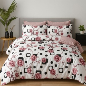 Set Lenjerie Pat 6 Piese din Bumbac Finet – Design Floral Roz Pudrat cu Accente Grafice Negre, Look Modern & Elegant și Confort Superior pentru un Dormitor Refined