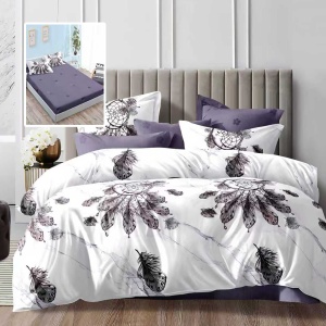 Lenjerie de Pat 6 Piese cu Husă – Dreamcatcher Elegant, Pene în Nuanțe Gri-Mov pe Alb