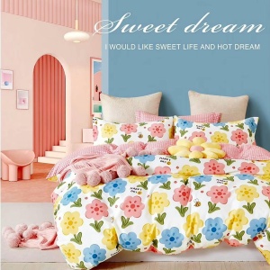 Lenjerie de pat Percale – Floral Happy Day Pastel, bumbac 100%, set premium dublă față