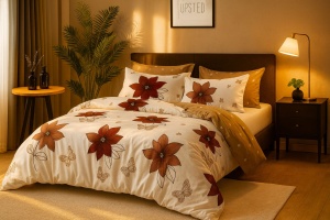 Set Lenjerie Pat 6 Piese din Bumbac Finet – Design Floral în Tonuri Caramel & Crem cu Accente de Fluturi, Look Cald și Rafinament pentru un Dormitor Elegant și Primitor