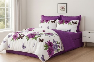 Set Lenjerie Pat 6 Piese din Bumbac Finet – Design Floral Mov cu Fluturi Delicați, Eleganță Vibrantă și Confort Superior pentru un Dormitor Plin de Rafinament