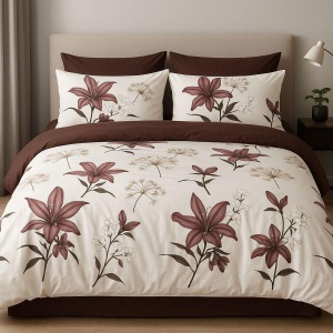 Set Lenjerie Pat 6 Piese din Bumbac Finet – Design Floral rafinat în Nuanțe Crem & Burgundy, Eleganță Clasică și Confort Superior pentru un Dormitor Distins