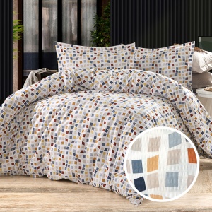 Lenjerie de Pat 100% Bumbac Creponat – Model Patch Mosaic, Finisaj Aerat & Confort de Lux, Potrivită pentru Dormitoare Moderne
