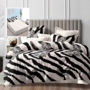 Lenjerie de Pat 6 Piese cu Husă – Model Zebra Chic cu Inimi, Contrast Puternic Alb–Negru