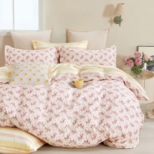 Lenjerie de pat Percale – Model Blossom Soft Pink, bumbac 100%, set premium complet