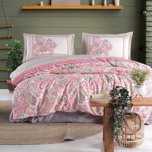 Lenjerie de pat Ranforce – Imprimeu Paisley Roz Luga, King Size, set premium
