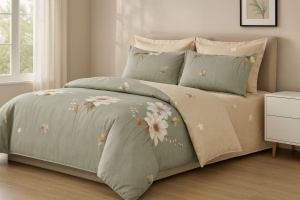 Set Lenjerie Pat 6 Piese din Bumbac Finet – Design Floral Delicat în Nuanțe Sage & Bej, Eleganță Naturală și Confort Superior pentru un Dormitor Plin de Liniște și Refined