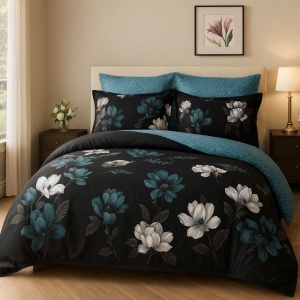 Set Lenjerie Pat 6 Piese din Bumbac Finet – Design Floral în Nuanțe Turcoaz & Alb pe Fundal Negru, Look Luxos și Confort Superior pentru un Dormitor Modern și Rafinat