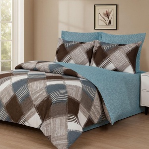 Set Lenjerie Pat 6 Piese din Bumbac Finet – Design Geometric în Nuanțe Albastru & Maro, Look Contemporan și Confort Superior pentru Dormitoare Moderne
