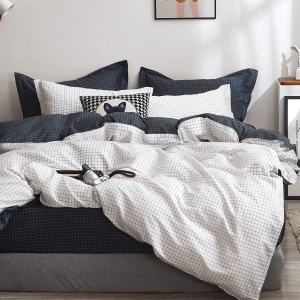 Lenjerie de pat Percale – Carouri Minimaliste Alb–Bleumarin, bumbac 100%, set premium complet