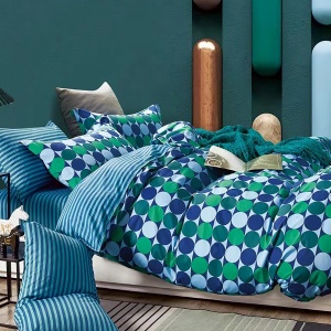 Lenjerie de pat Percale – Cercuri Albastre & Turcoaz, bumbac 100%, set reversibil premium