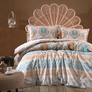 Lenjerie de pat Ranforce King Size – Arnetti, bumbac 100%, model etnic geometric în tonuri turcoaz & muștar