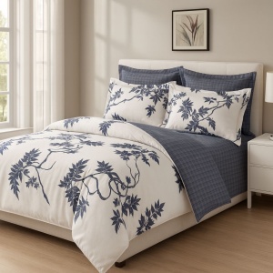 Set Lenjerie Pat 6 Piese din Bumbac Finet – Design Botanical în Nuanțe Navy pe Fundal Crem, Eleganță Modernă și Confort Superior pentru un Dormitor Refined