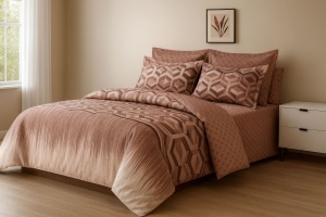 Set Lenjerie Pat 6 Piese din Bumbac Finet – Design Geometric 3D în Tonuri Cappuccino & Caramel, Look Modern și Confort Superior pentru un Dormitor Elegant și Rafinat