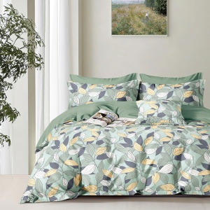 Lenjerie de pat Percale – Model Leafy Mint, bumbac 100%, set premium complet