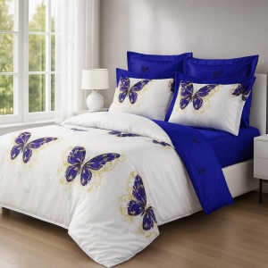 Set Lenjerie Pat 6 Piese din Bumbac Finet – Design Alb cu Fluturi în Nuanțe Royal Blue & Auriu, Look Sofisticat și Confort Superior pentru un Dormitor Plin de Rafinem