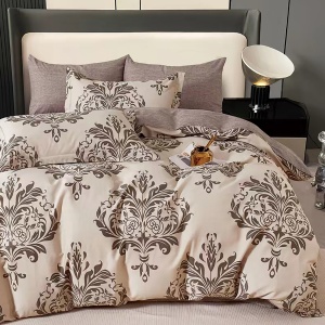 Lenjerie de pat Percale – Imprimeu Damasc Ciocolatiu, bumbac 100%, set complet premium