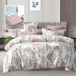 Set Lenjerie 6 Piese cu Husă – Flori Fin Conturate pe Alb cu Tonuri Roz, Eleganță Calmă pentru Dormitor