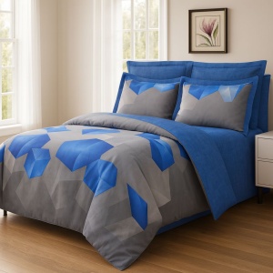 Set Lenjerie Pat 6 Piese din Bumbac Finet – Design Geometric Contemporan în Nuanțe Albastru Intens & Gri, Look Modern și Confort Superior pentru un Dormitor cu Personalitate