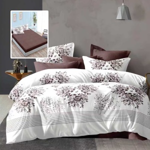 Lenjerie de Pat 6 Piese cu Husă – Floral Elegant Ciocolatiu & Gri pe Fundal Alb