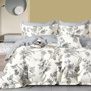 Lenjerie de pat Percale – Flori Fine Gri, bumbac 100%, set premium complet